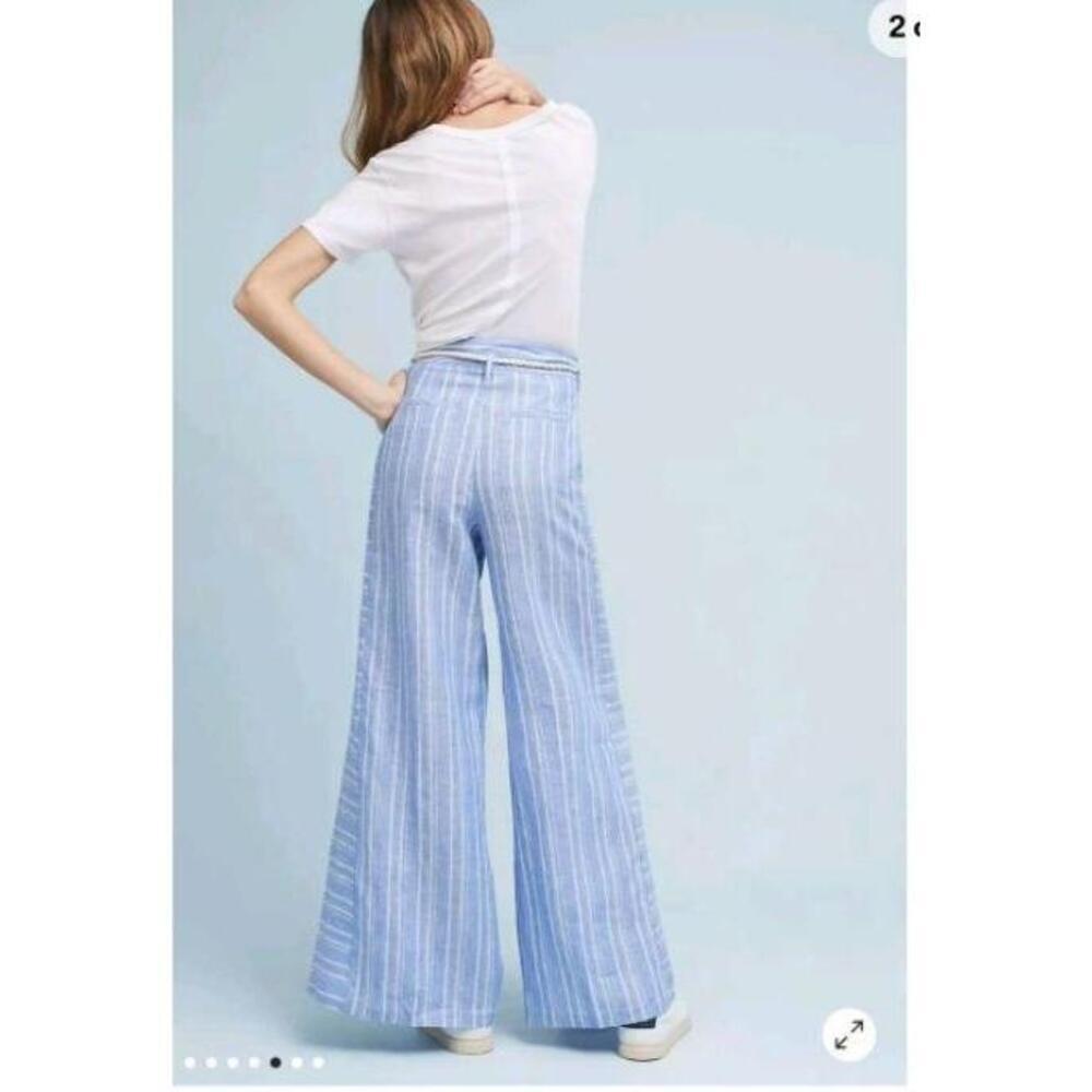 Anthropologie Pants Womens US 10 Light Blue Striped Wide Leg Tassel Belt Linen - Picture 3 of 10